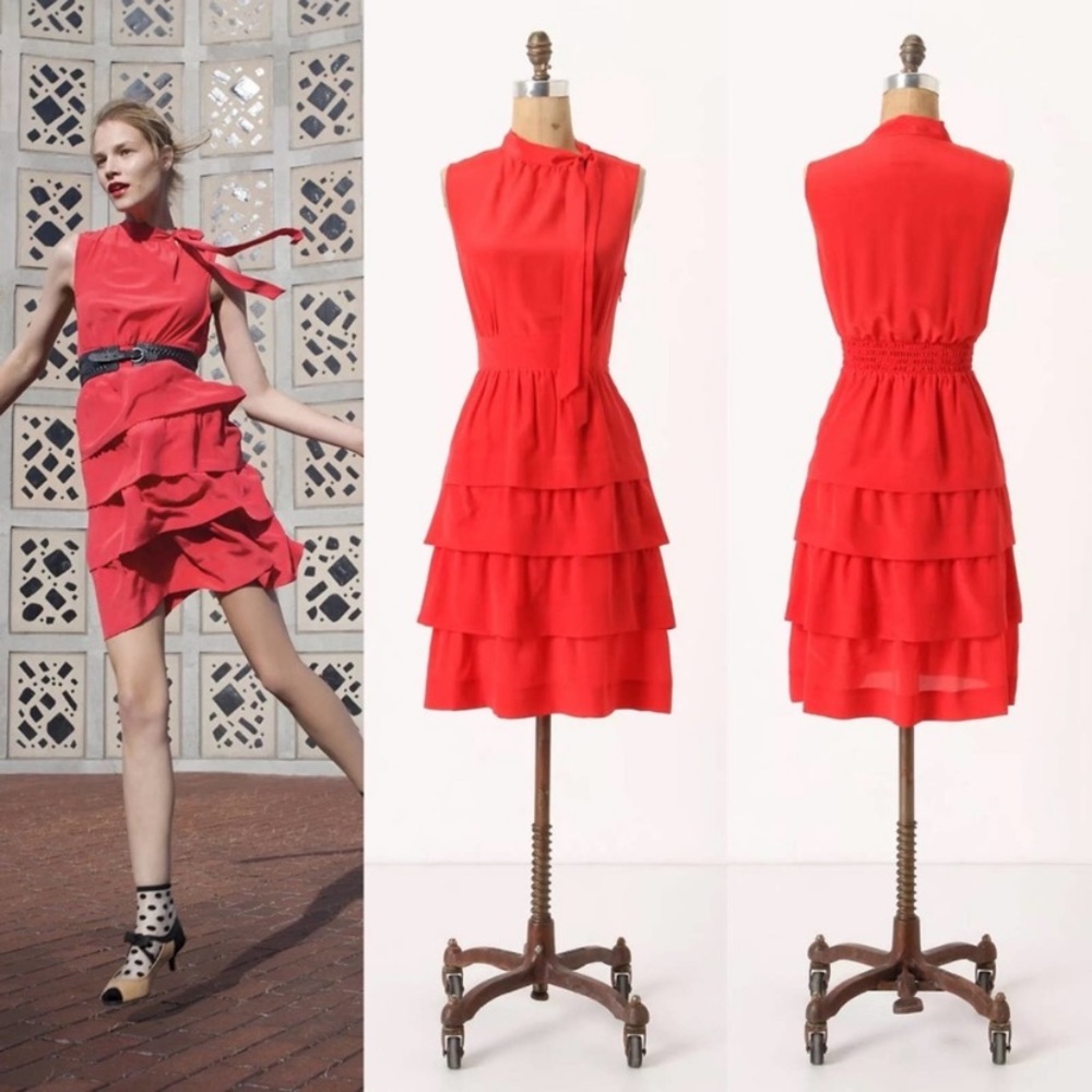 Anthro Girls from Savoy Osaka Red Silk Tiered Ruffle Tie Neck Bow Detail Dress 6